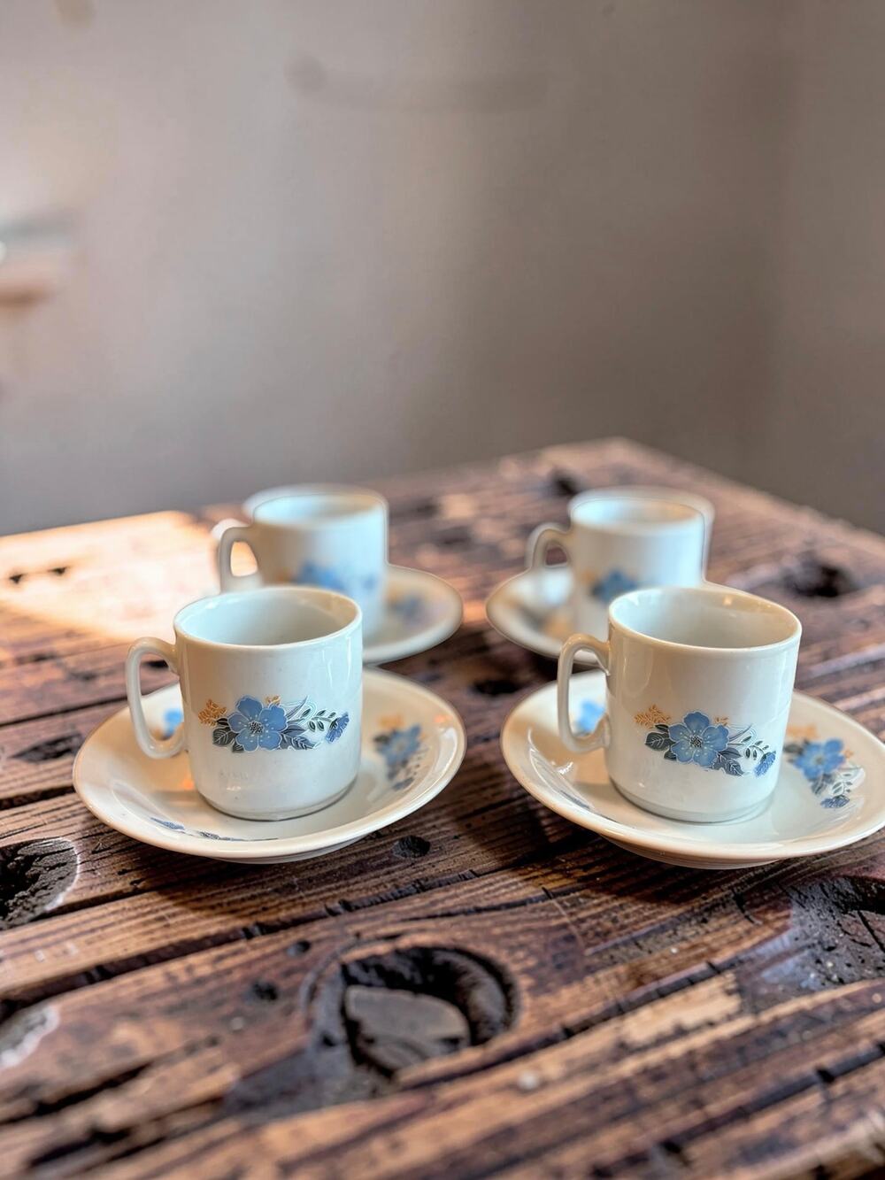 Vintage Set of 4 Demitasse Cups & Saucers | Blue Floral Porcelain Espresso Set